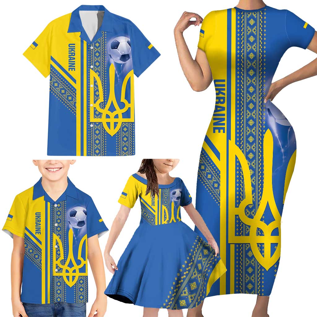 Custom Ukraine Football Family Matching Short Sleeve Bodycon Dress and Hawaiian Shirt Go Blue And Yellow Folk Pattern