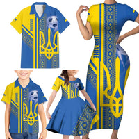 Custom Ukraine Football Family Matching Short Sleeve Bodycon Dress and Hawaiian Shirt Go Blue And Yellow Folk Pattern