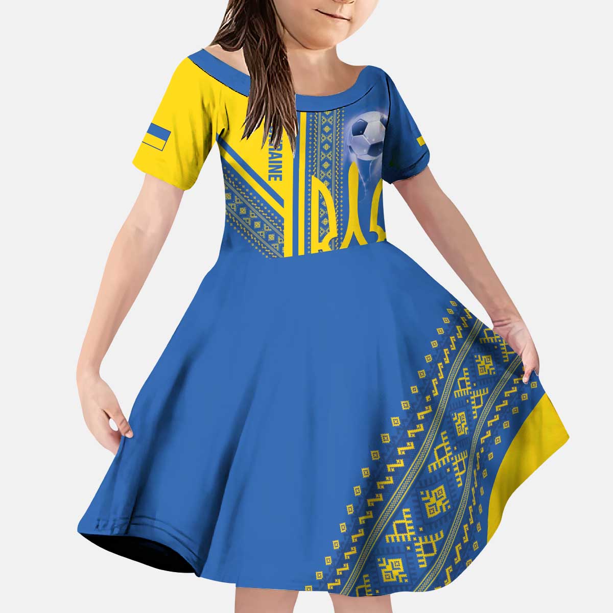 Custom Ukraine Football Kid Short Sleeve Dress Go Blue And Yellow Folk Pattern