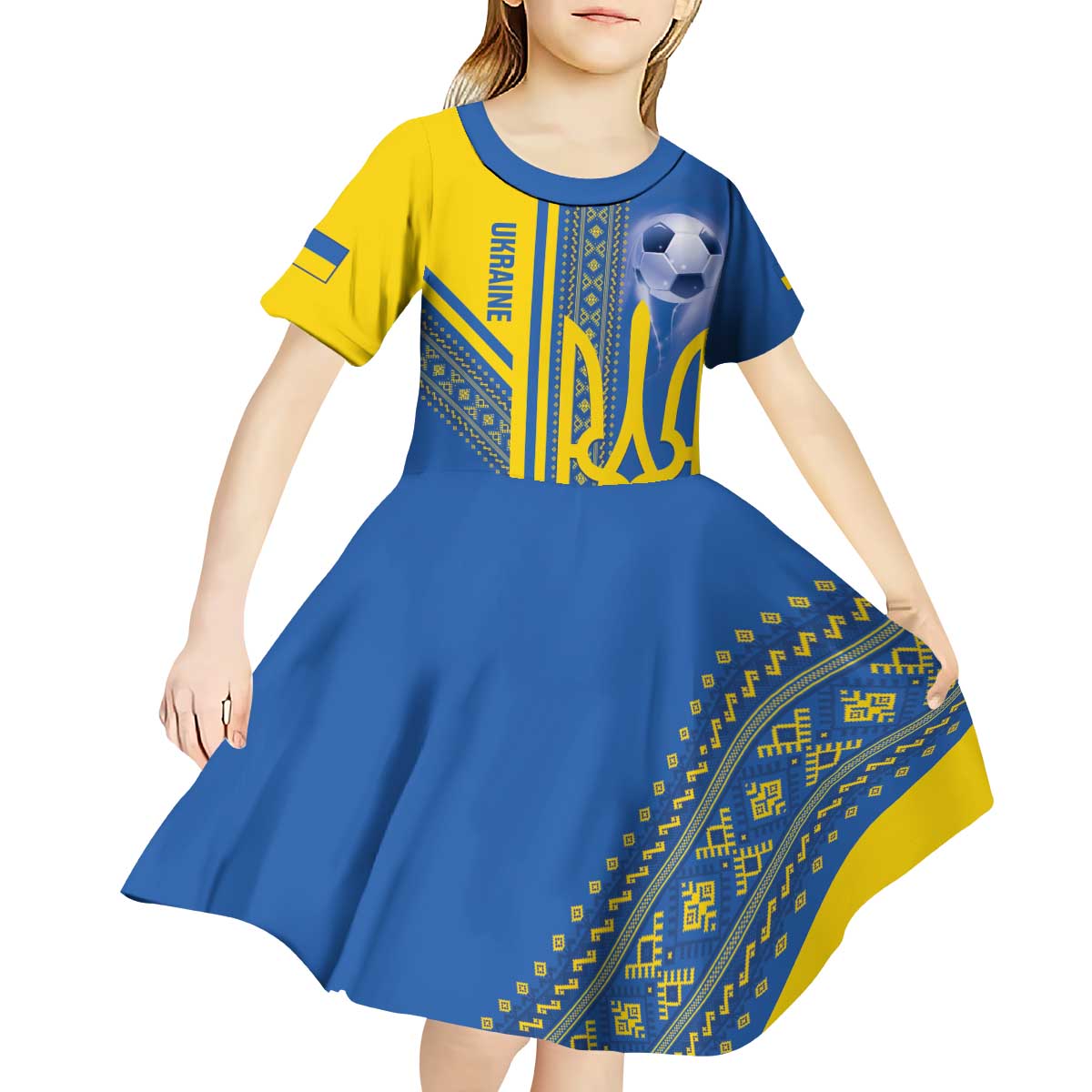 Custom Ukraine Football Kid Short Sleeve Dress Go Blue And Yellow Folk Pattern