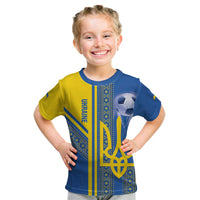Custom Ukraine Football Kid T Shirt Go Blue And Yellow Folk Pattern