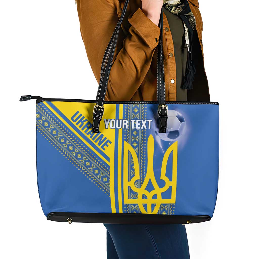 Custom Ukraine Football Leather Tote Bag Go Blue And Yellow Folk Pattern