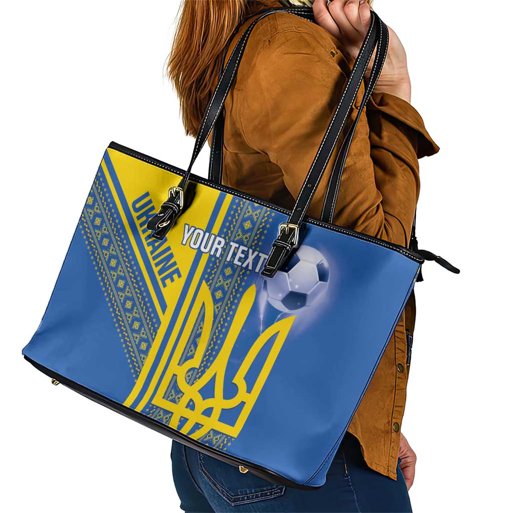 Custom Ukraine Football Leather Tote Bag Go Blue And Yellow Folk Pattern