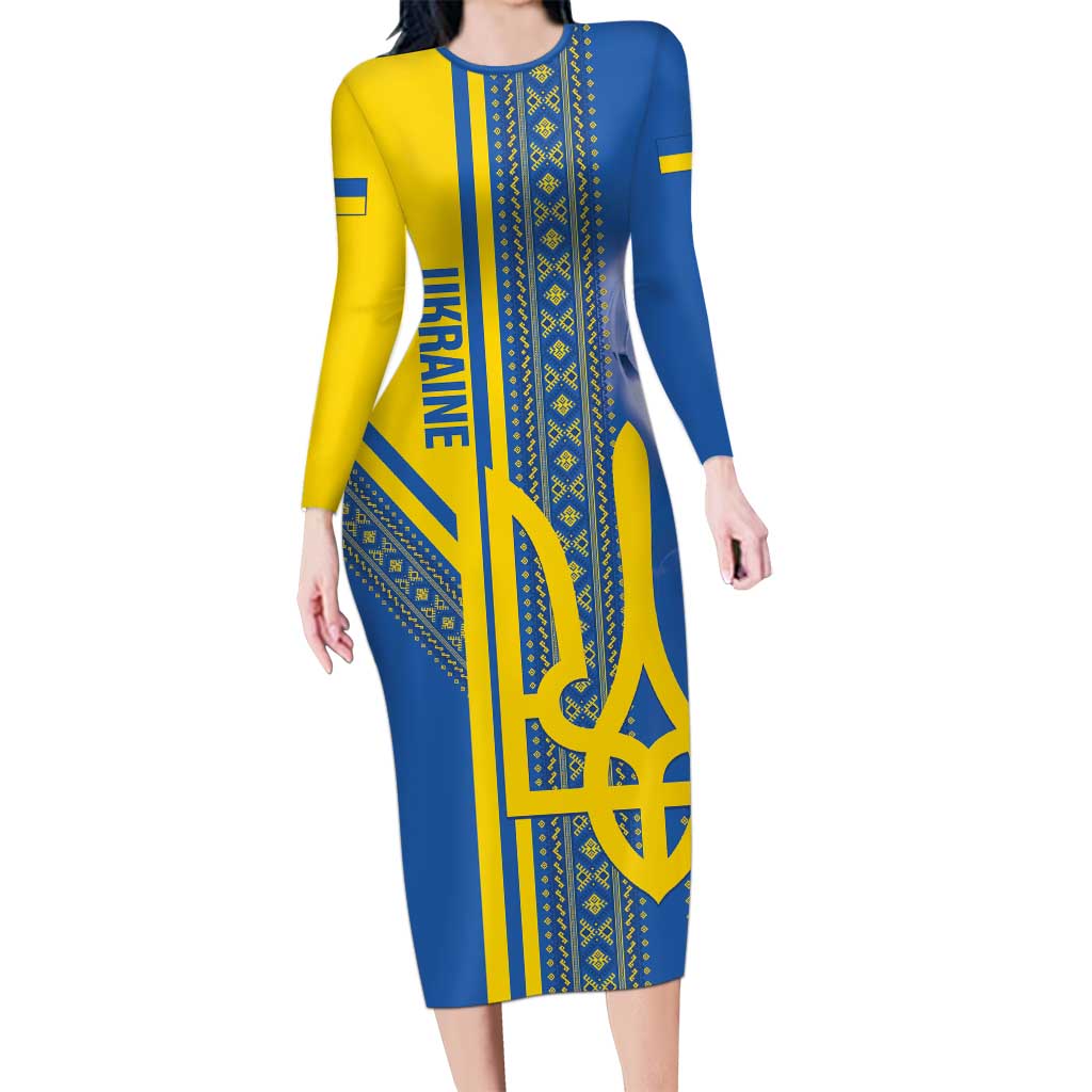 Custom Ukraine Football Long Sleeve Bodycon Dress Go Blue And Yellow Folk Pattern