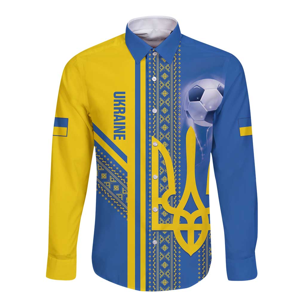 Custom Ukraine Football Long Sleeve Button Shirt Go Blue And Yellow Folk Pattern