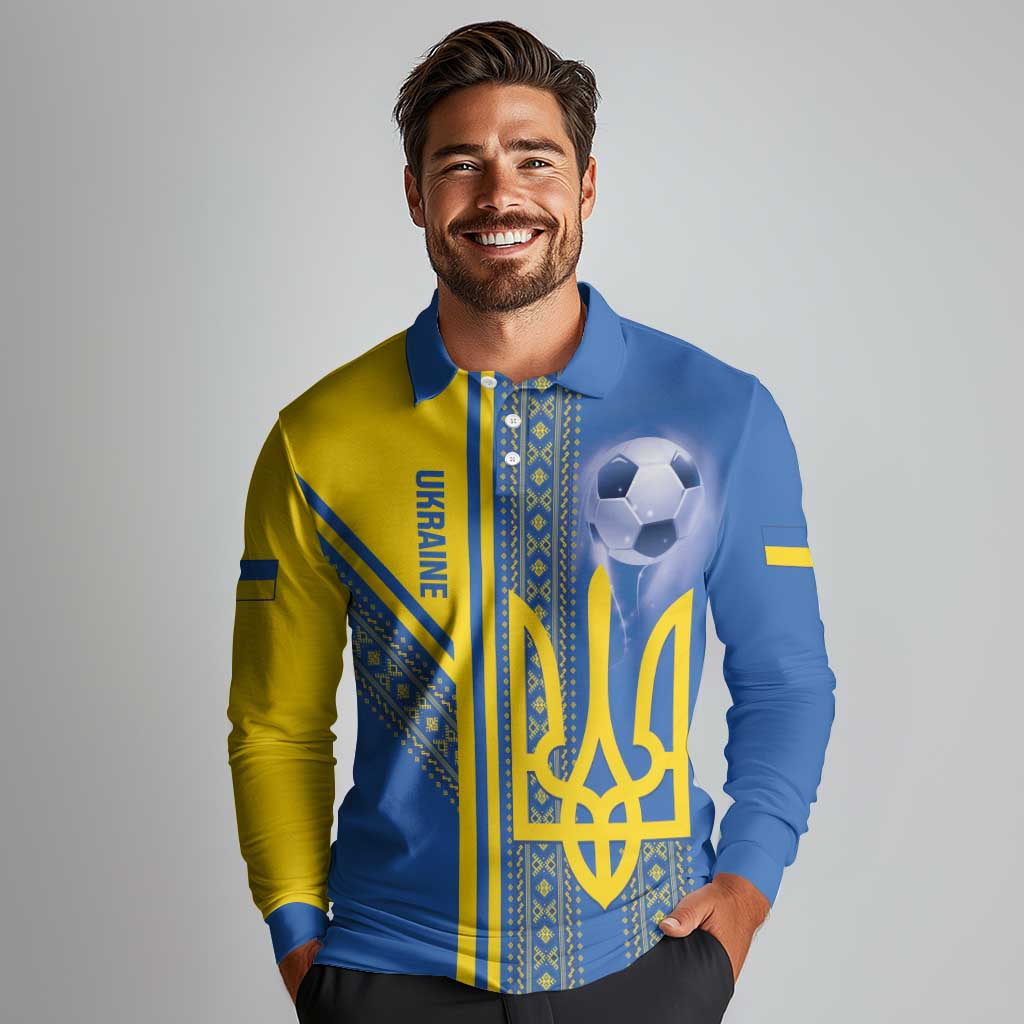 Custom Ukraine Football Long Sleeve Polo Shirt Go Blue And Yellow Folk Pattern