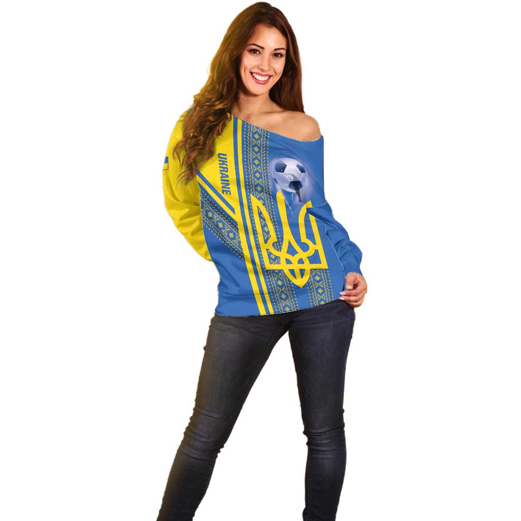 Custom Ukraine Football Off Shoulder Sweater Go Blue And Yellow Folk Pattern