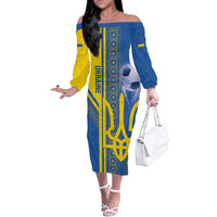 Custom Ukraine Football Off The Shoulder Long Sleeve Dress Go Blue And Yellow Folk Pattern