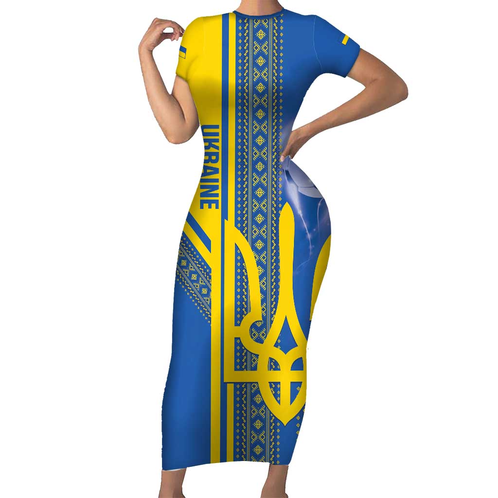 Custom Ukraine Football Short Sleeve Bodycon Dress Go Blue And Yellow Folk Pattern