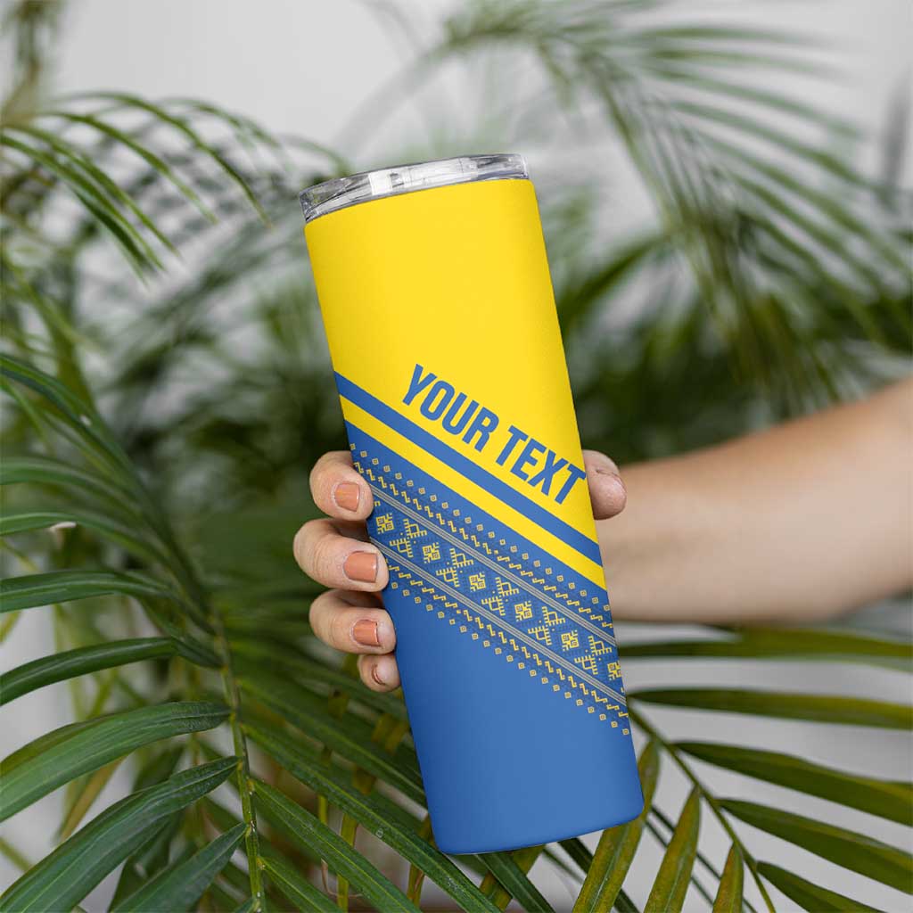 Custom Ukraine Football Skinny Tumbler Go Blue And Yellow Folk Pattern