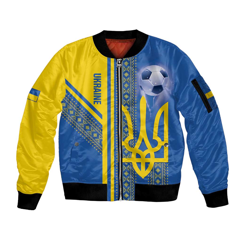 Custom Ukraine Football Sleeve Zip Bomber Jacket Go Blue And Yellow Folk Pattern