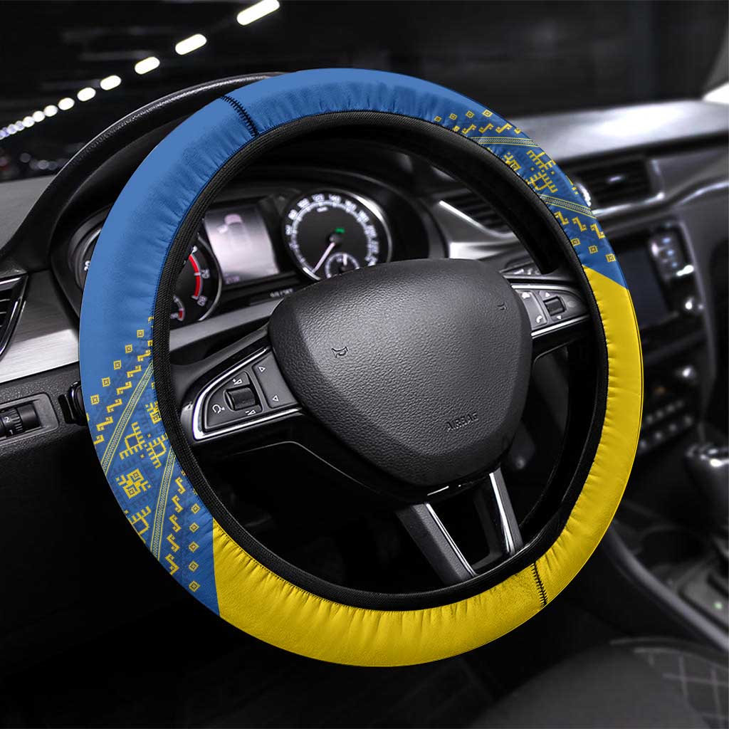 Ukraine Football Steering Wheel Cover Go Blue And Yellow Folk Pattern