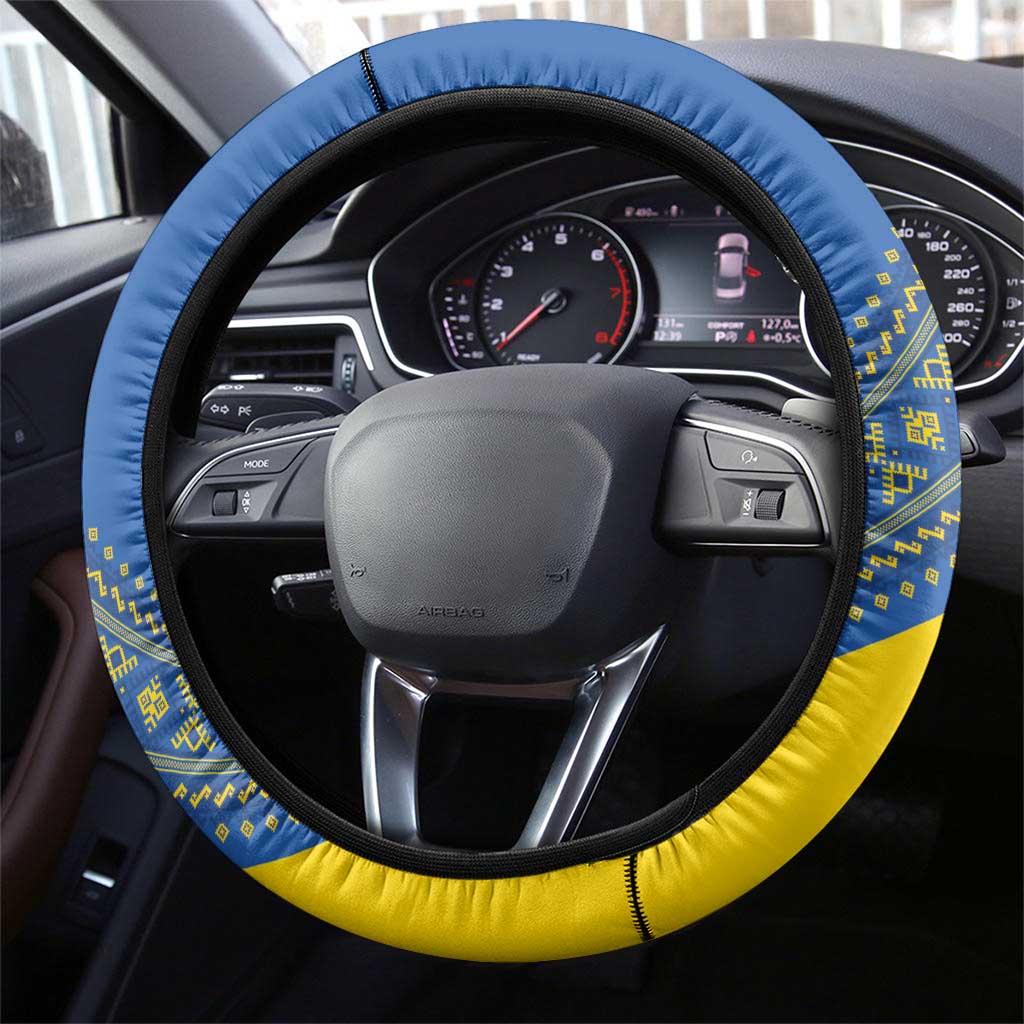 Ukraine Football Steering Wheel Cover Go Blue And Yellow Folk Pattern