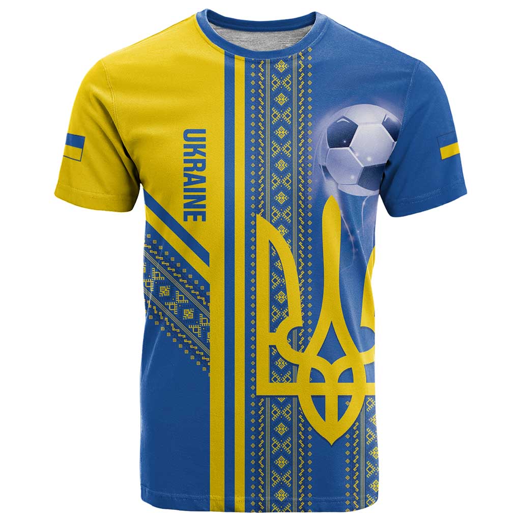Custom Ukraine Football T Shirt Go Blue And Yellow Folk Pattern