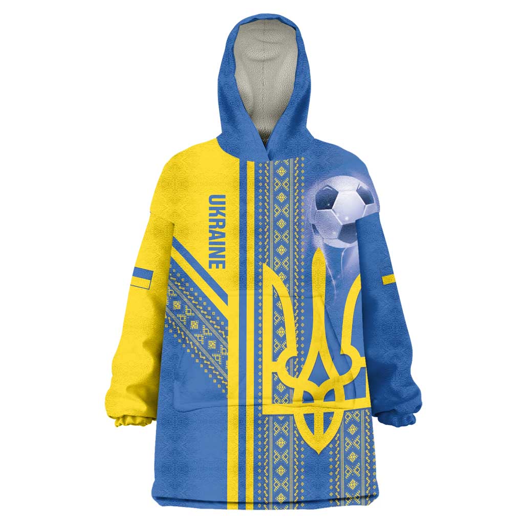 Custom Ukraine Football Wearable Blanket Hoodie Go Blue And Yellow Folk Pattern