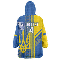 Custom Ukraine Football Wearable Blanket Hoodie Go Blue And Yellow Folk Pattern