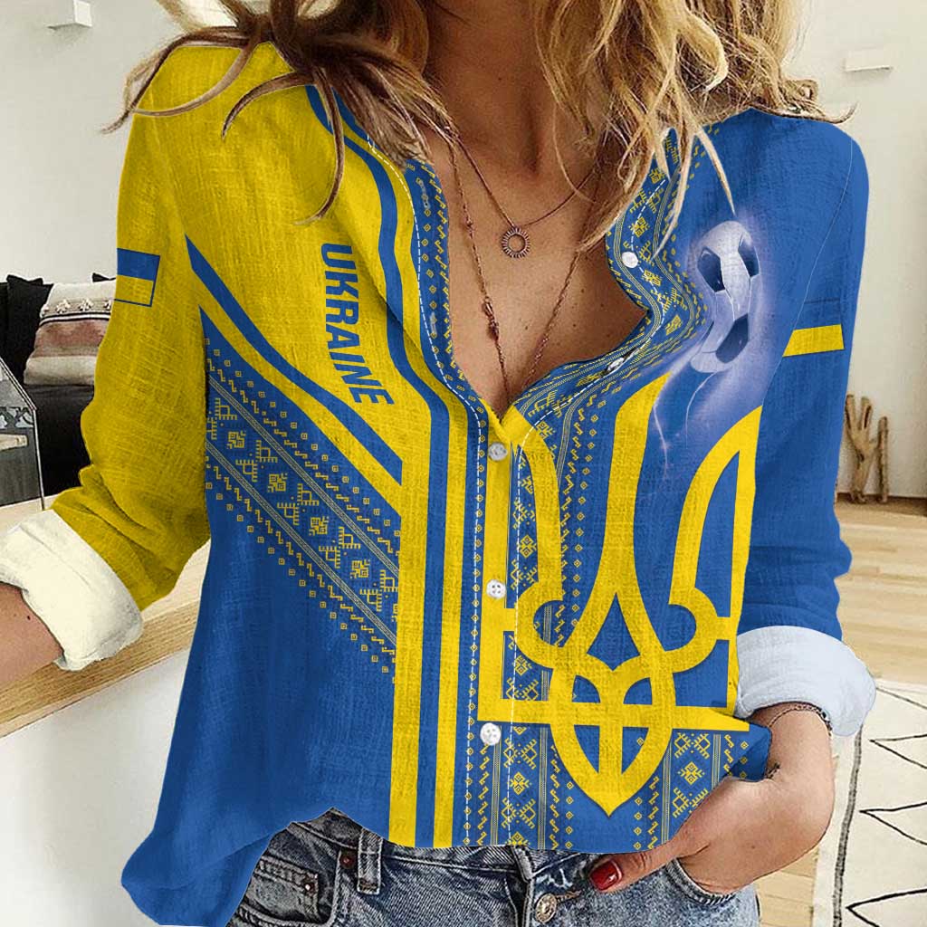 Custom Ukraine Football Women Casual Shirt Go Blue And Yellow Folk Pattern