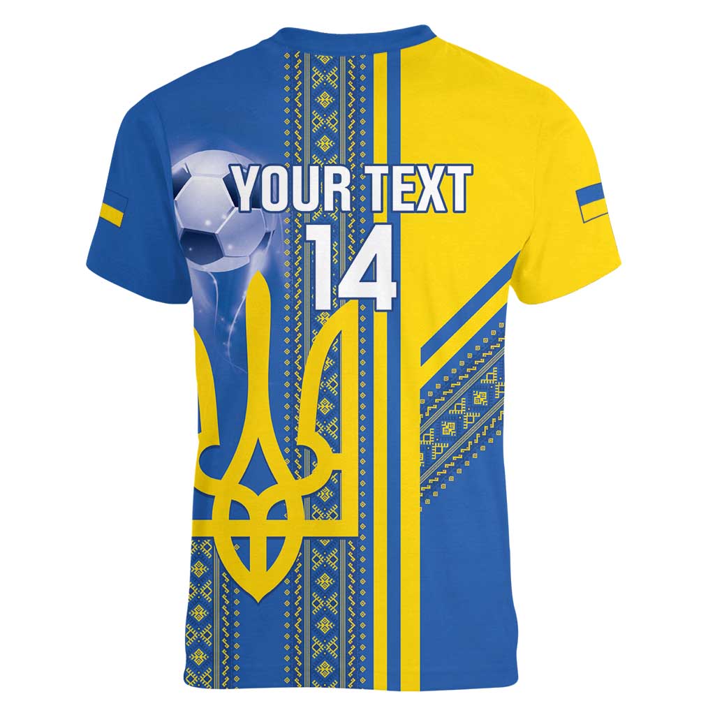 Custom Ukraine Football Women V-Neck T-Shirt Go Blue And Yellow Folk Pattern