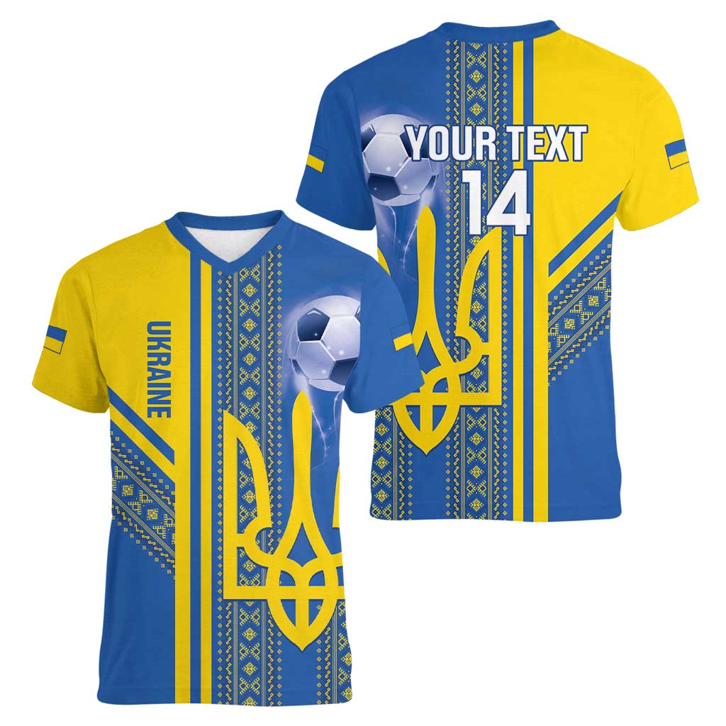 Custom Ukraine Football Women V-Neck T-Shirt Go Blue And Yellow Folk Pattern