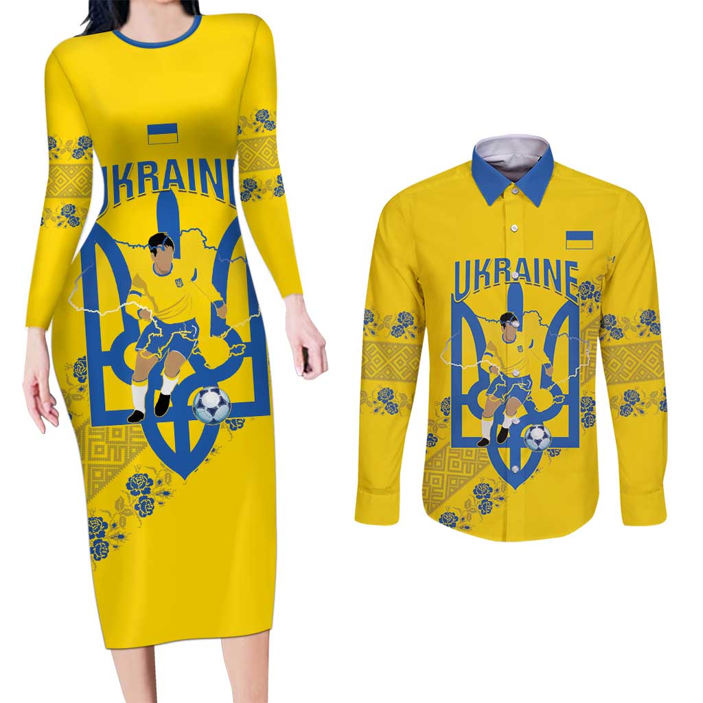 Personalised Ukraine Football Couples Matching Long Sleeve Bodycon Dress and Long Sleeve Button Shirt Glory to Ukrainian