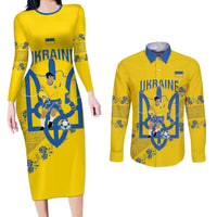Personalised Ukraine Football Couples Matching Long Sleeve Bodycon Dress and Long Sleeve Button Shirt Glory to Ukrainian