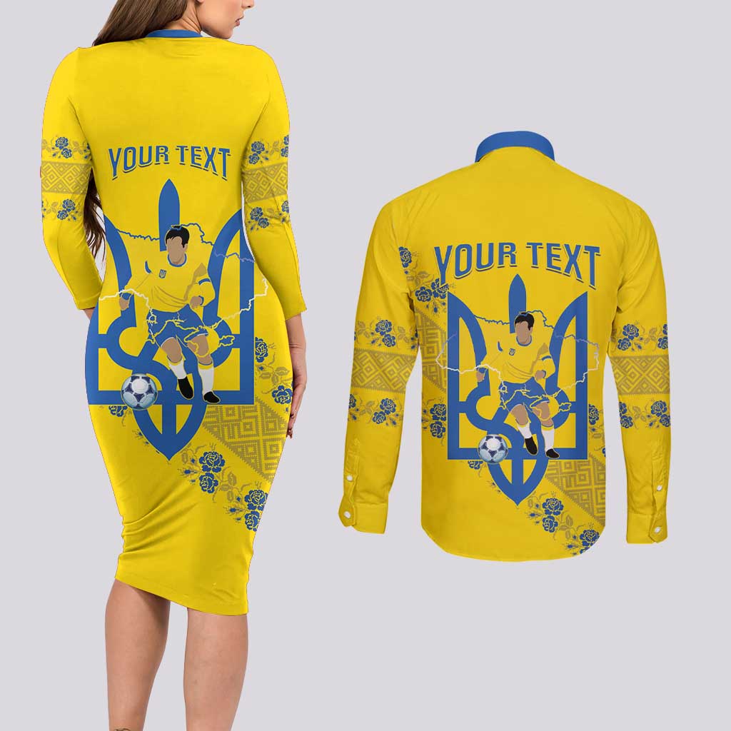 Personalised Ukraine Football Couples Matching Long Sleeve Bodycon Dress and Long Sleeve Button Shirt Glory to Ukrainian