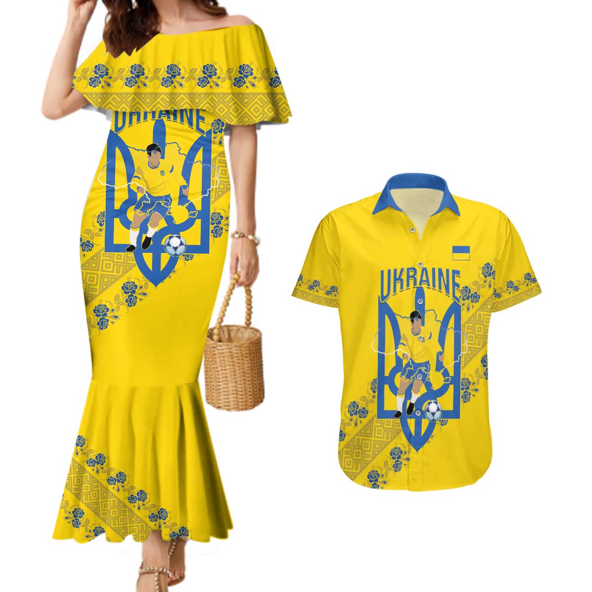 Personalised Ukraine Football Couples Matching Mermaid Dress and Hawaiian Shirt Glory to Ukrainian