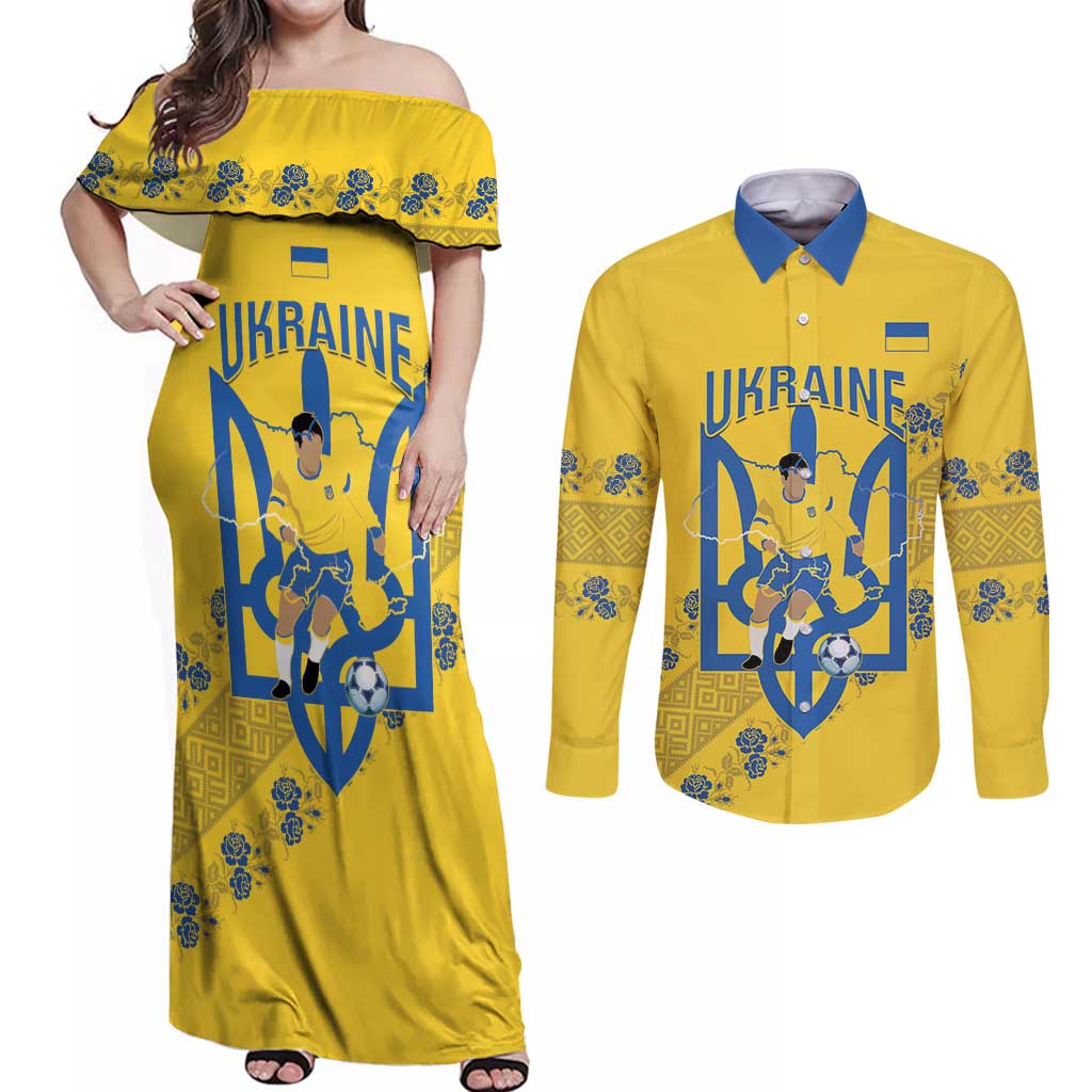 Personalised Ukraine Football Couples Matching Off Shoulder Maxi Dress and Long Sleeve Button Shirt Glory to Ukrainian