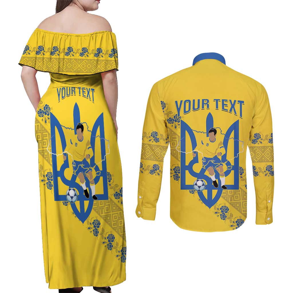 Personalised Ukraine Football Couples Matching Off Shoulder Maxi Dress and Long Sleeve Button Shirt Glory to Ukrainian