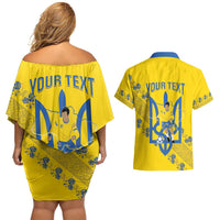Personalised Ukraine Football Couples Matching Off Shoulder Short Dress and Hawaiian Shirt Glory to Ukrainian