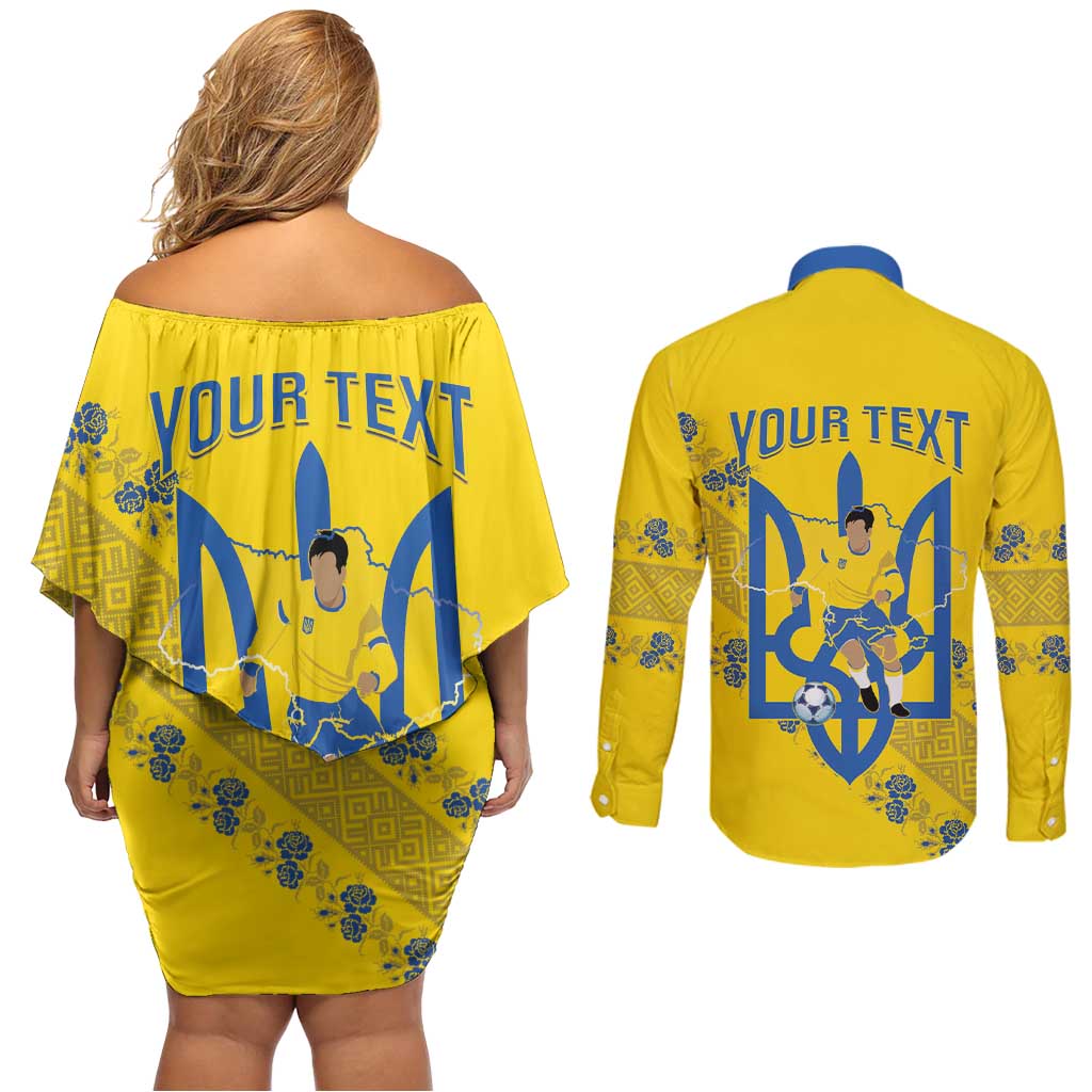 Personalised Ukraine Football Couples Matching Off Shoulder Short Dress and Long Sleeve Button Shirt Glory to Ukrainian