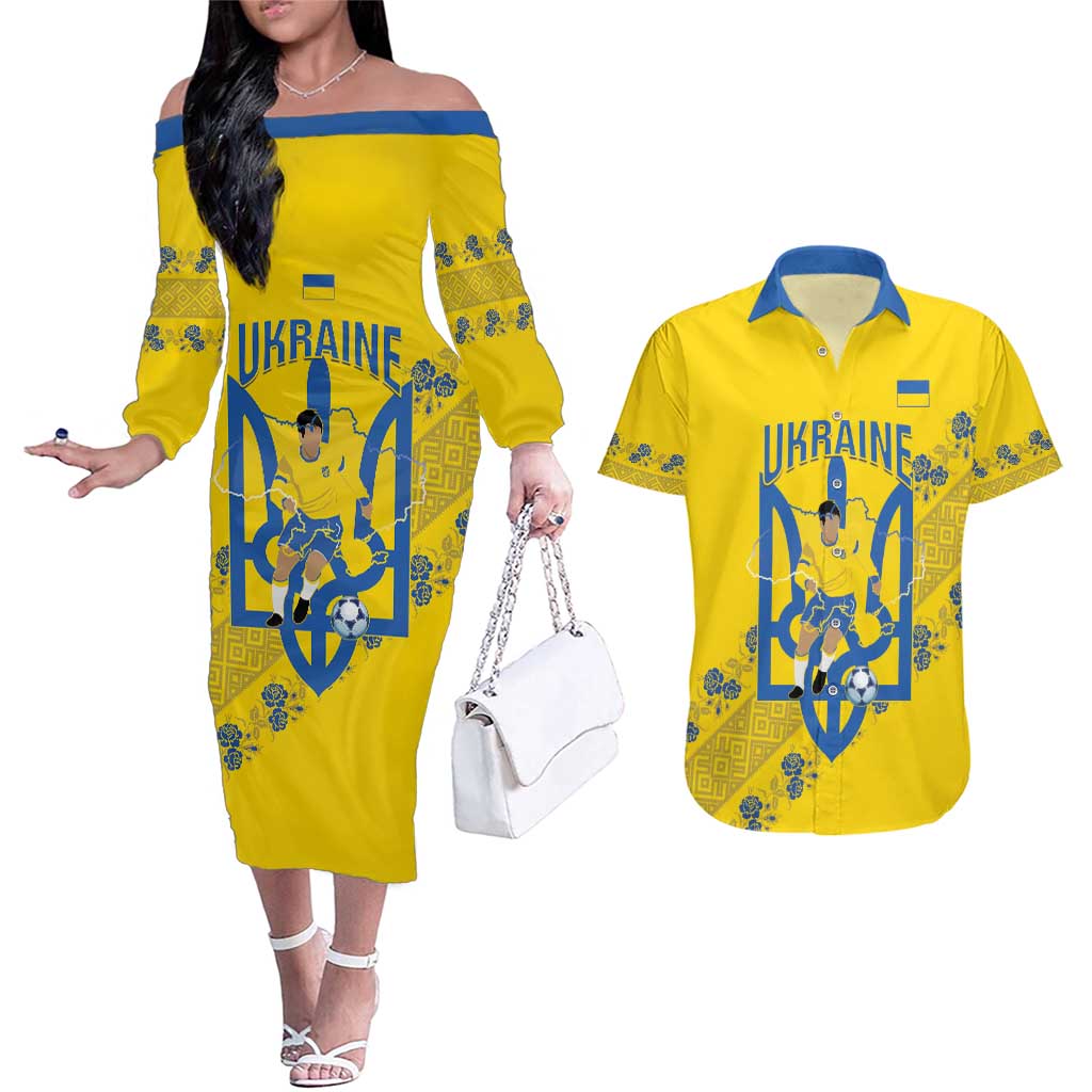 Personalised Ukraine Football Couples Matching Off The Shoulder Long Sleeve Dress and Hawaiian Shirt Glory to Ukrainian