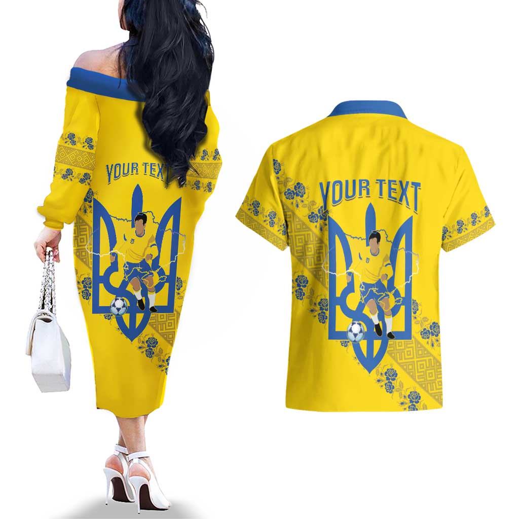 Personalised Ukraine Football Couples Matching Off The Shoulder Long Sleeve Dress and Hawaiian Shirt Glory to Ukrainian