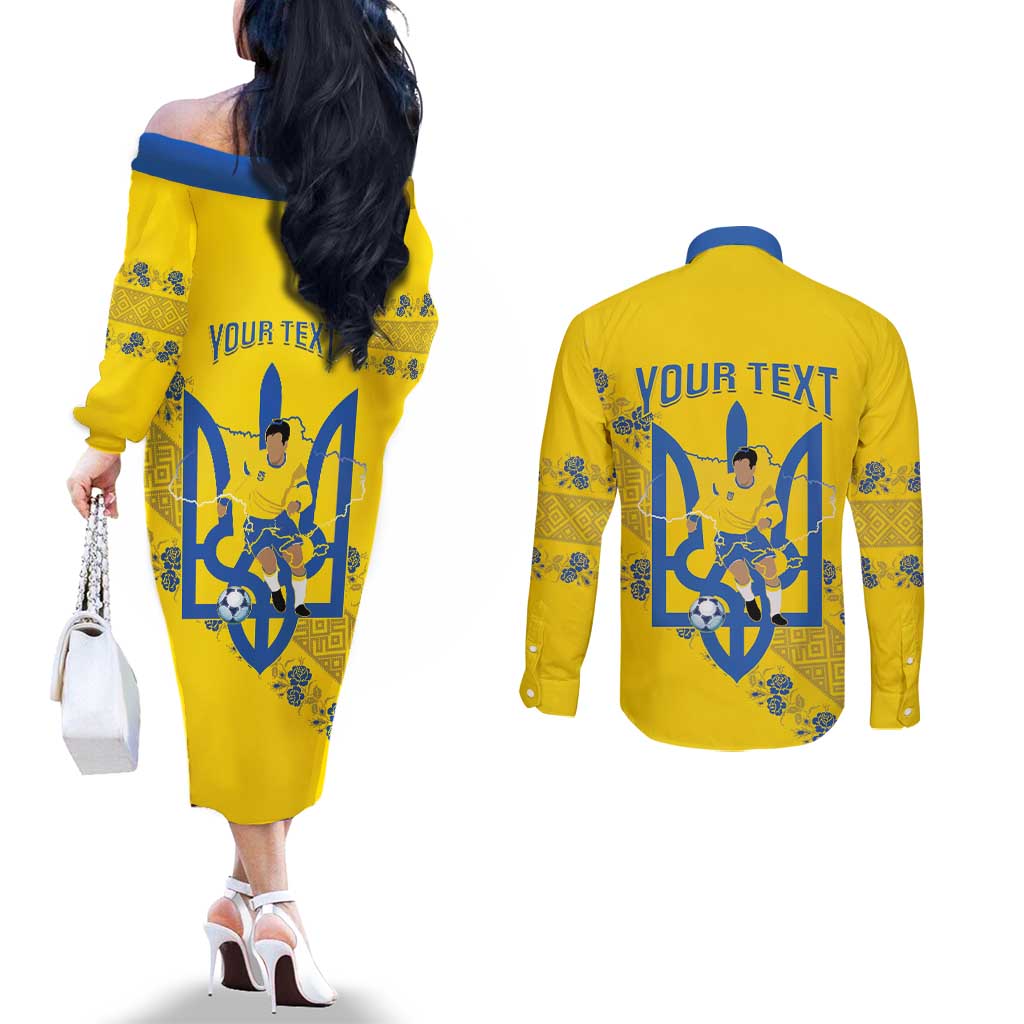 Personalised Ukraine Football Couples Matching Off The Shoulder Long Sleeve Dress and Long Sleeve Button Shirt Glory to Ukrainian