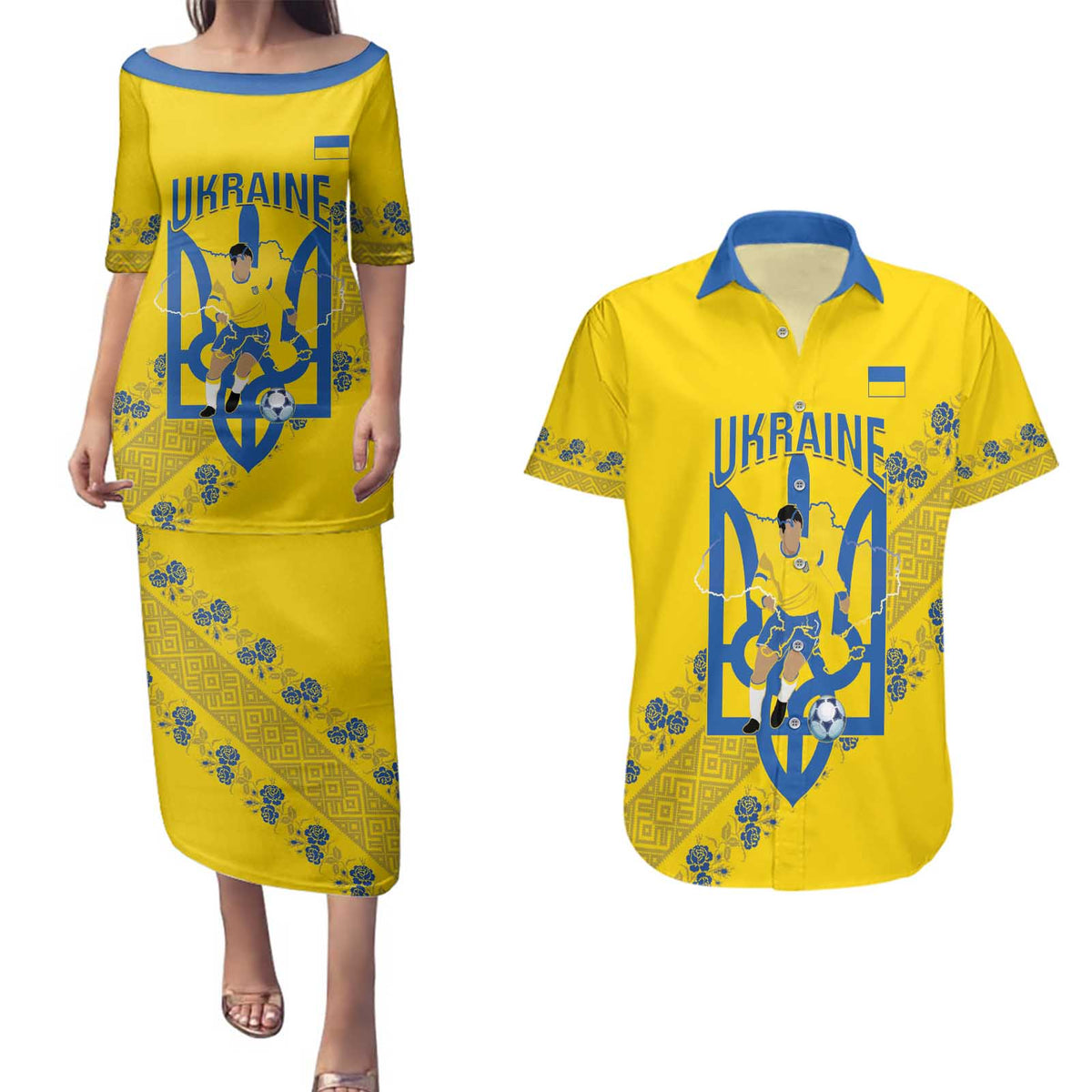Personalised Ukraine Football Couples Matching Puletasi and Hawaiian Shirt Glory to Ukrainian