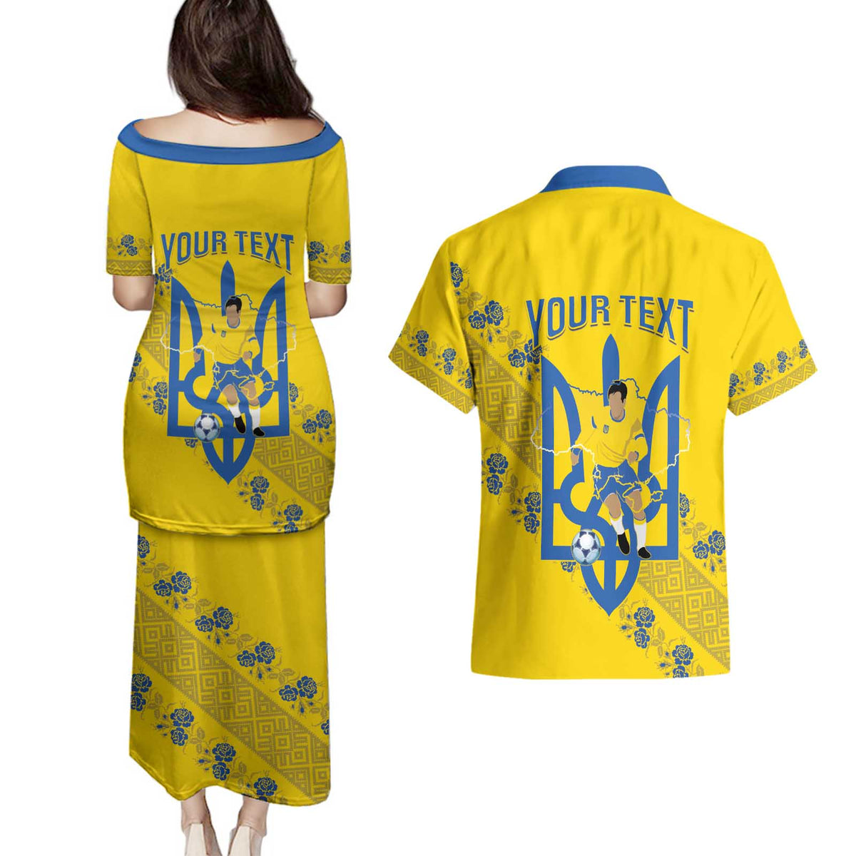 Personalised Ukraine Football Couples Matching Puletasi and Hawaiian Shirt Glory to Ukrainian