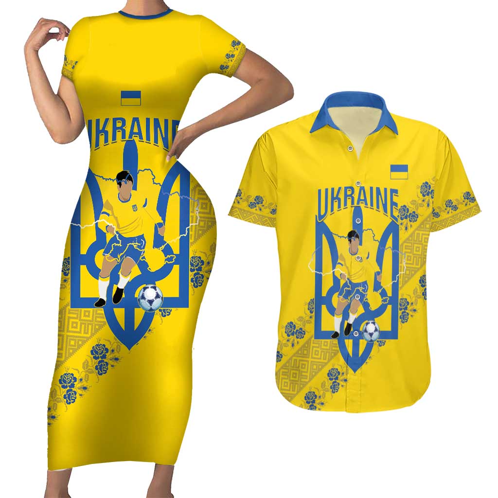 Personalised Ukraine Football Couples Matching Short Sleeve Bodycon Dress and Hawaiian Shirt Glory to Ukrainian