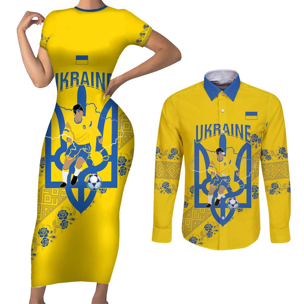 Personalised Ukraine Football Couples Matching Short Sleeve Bodycon Dress and Long Sleeve Button Shirt Glory to Ukrainian