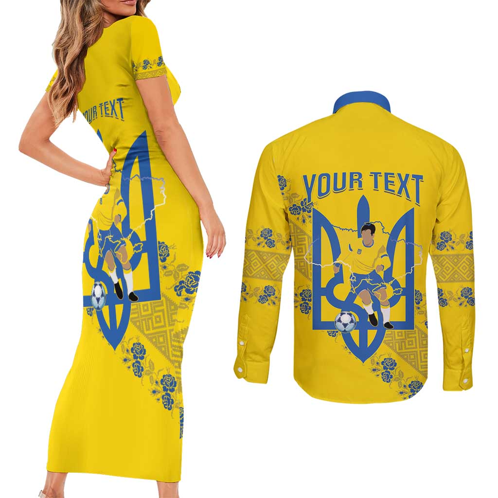 Personalised Ukraine Football Couples Matching Short Sleeve Bodycon Dress and Long Sleeve Button Shirt Glory to Ukrainian