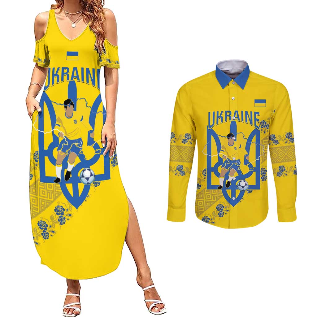 Personalised Ukraine Football Couples Matching Summer Maxi Dress and Long Sleeve Button Shirt Glory to Ukrainian