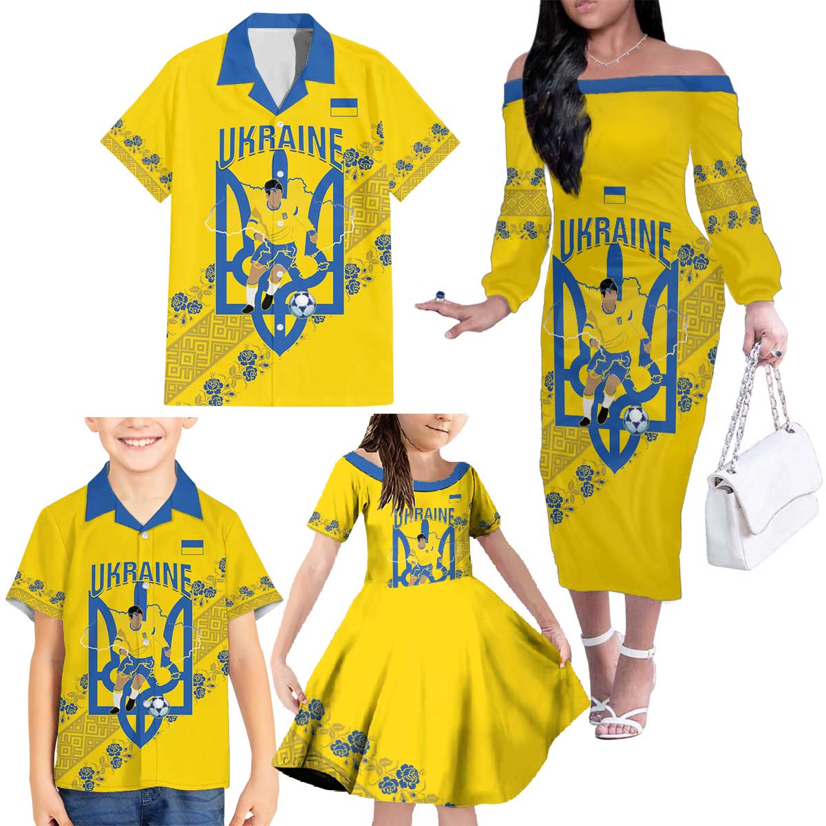 Personalised Ukraine Football Family Matching Off The Shoulder Long Sleeve Dress and Hawaiian Shirt Glory to Ukrainian