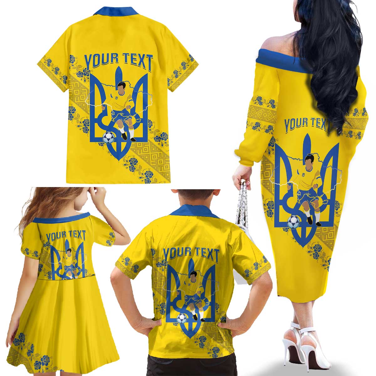 Personalised Ukraine Football Family Matching Off The Shoulder Long Sleeve Dress and Hawaiian Shirt Glory to Ukrainian
