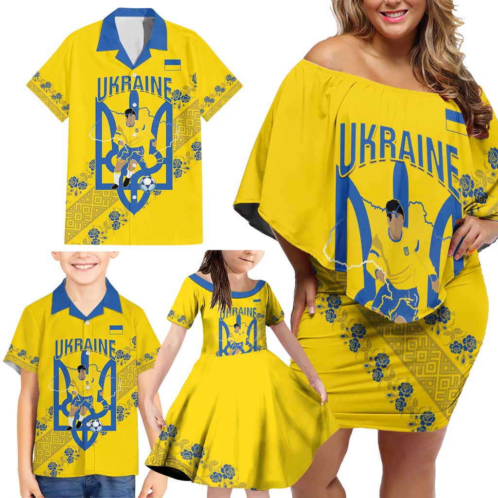 Personalised Ukraine Football Family Matching Off Shoulder Short Dress and Hawaiian Shirt Glory to Ukrainian