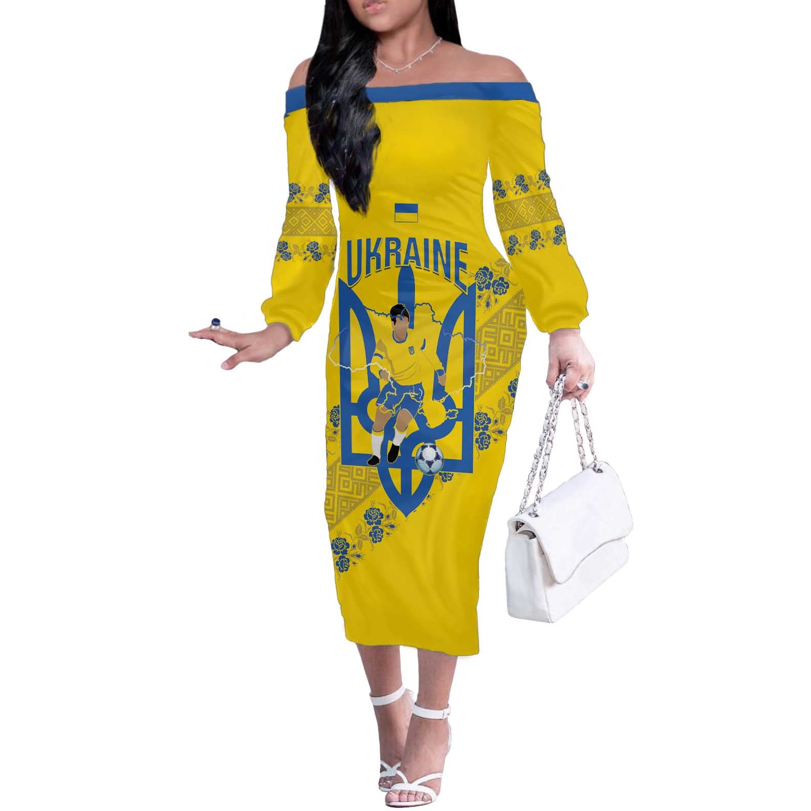 Personalised Ukraine Football Off The Shoulder Long Sleeve Dress Glory to Ukrainian