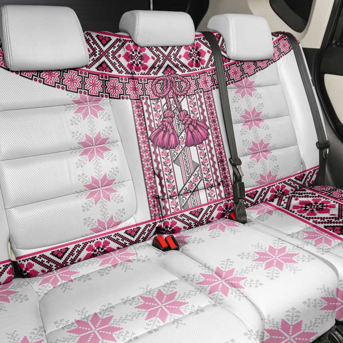 Ukraine Back Car Seat Cover Traditional Braided Rope Belt Pink Folk Pattern