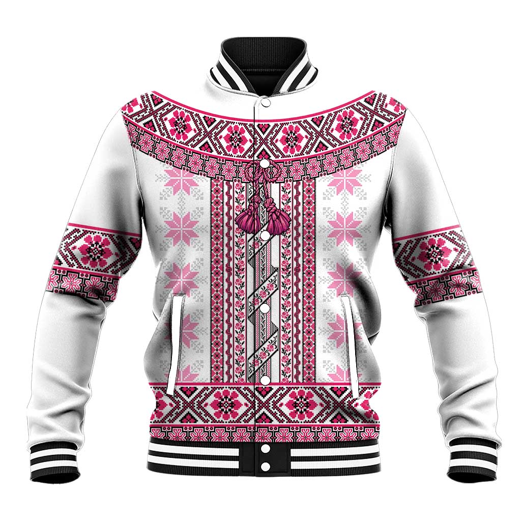 Ukraine Baseball Jacket Traditional Braided Rope Belt Pink Folk Pattern