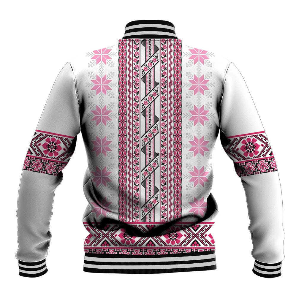 Ukraine Baseball Jacket Traditional Braided Rope Belt Pink Folk Pattern