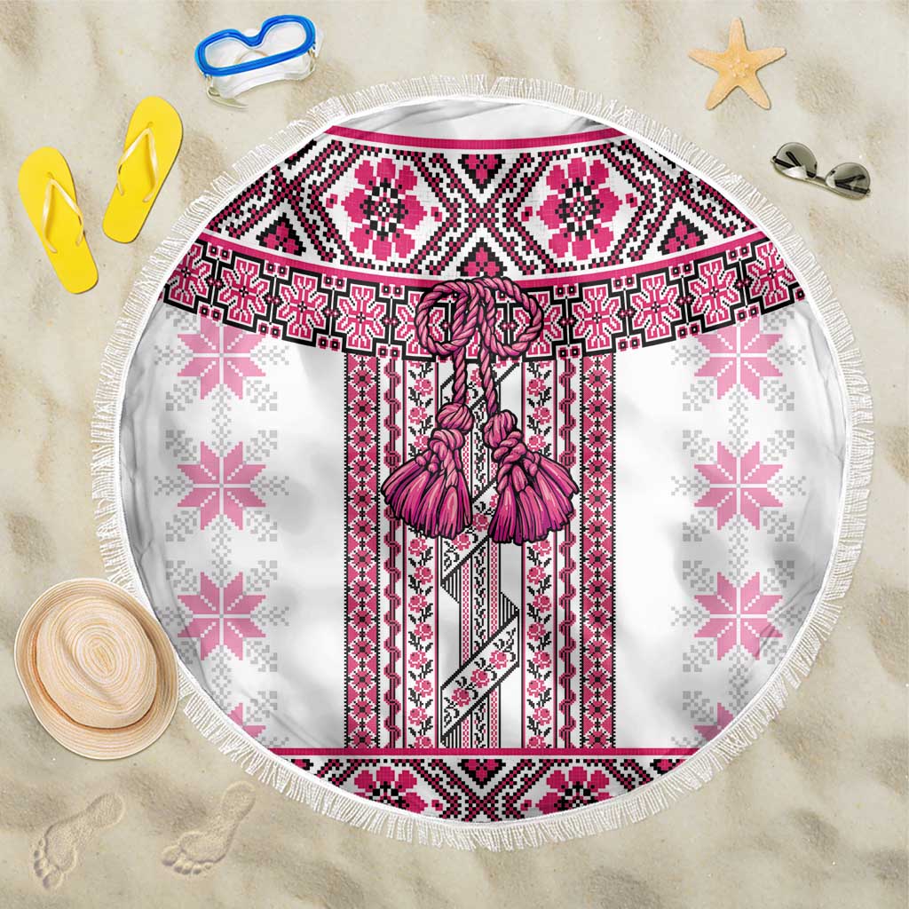 Ukraine Beach Blanket Traditional Braided Rope Belt Pink Folk Pattern