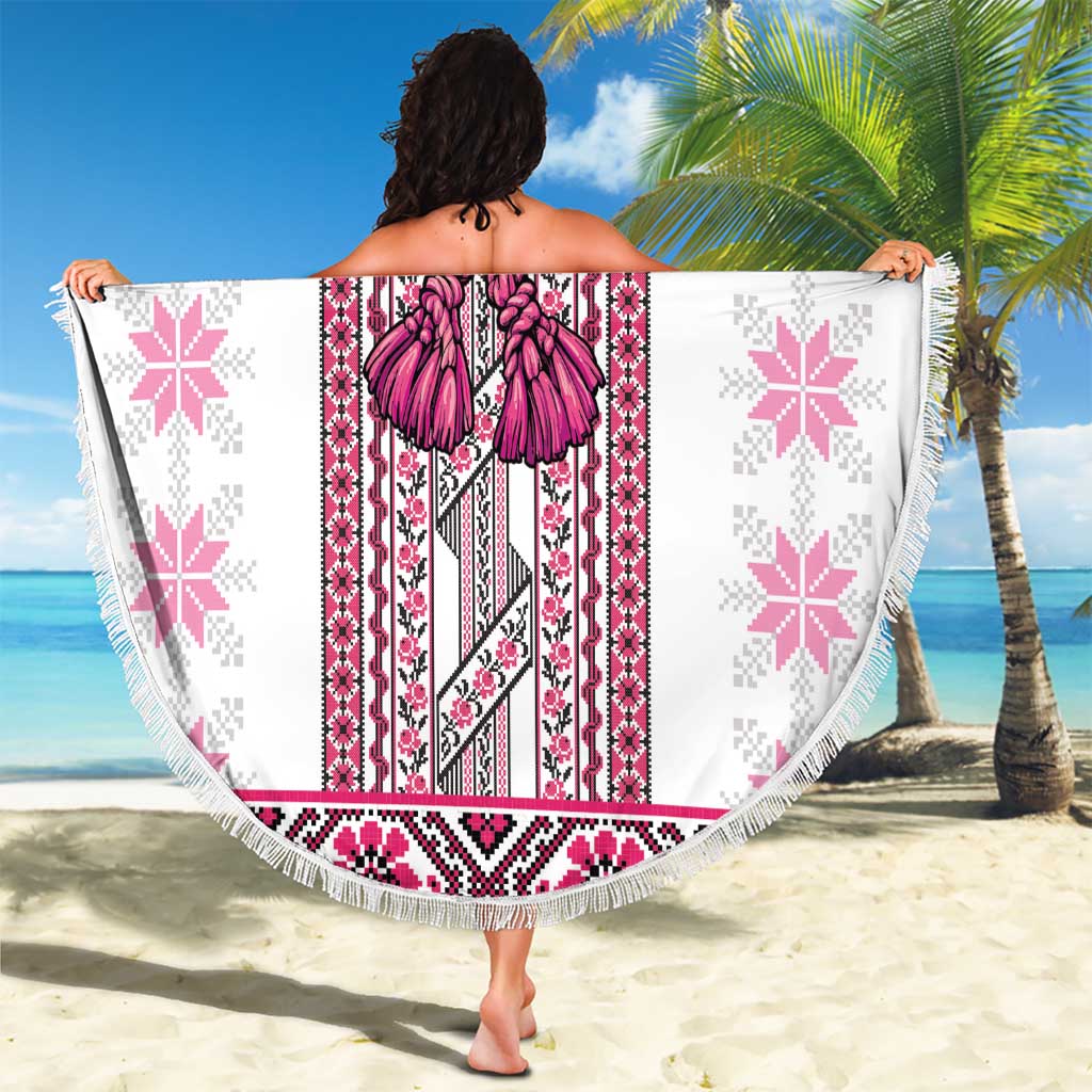 Ukraine Beach Blanket Traditional Braided Rope Belt Pink Folk Pattern