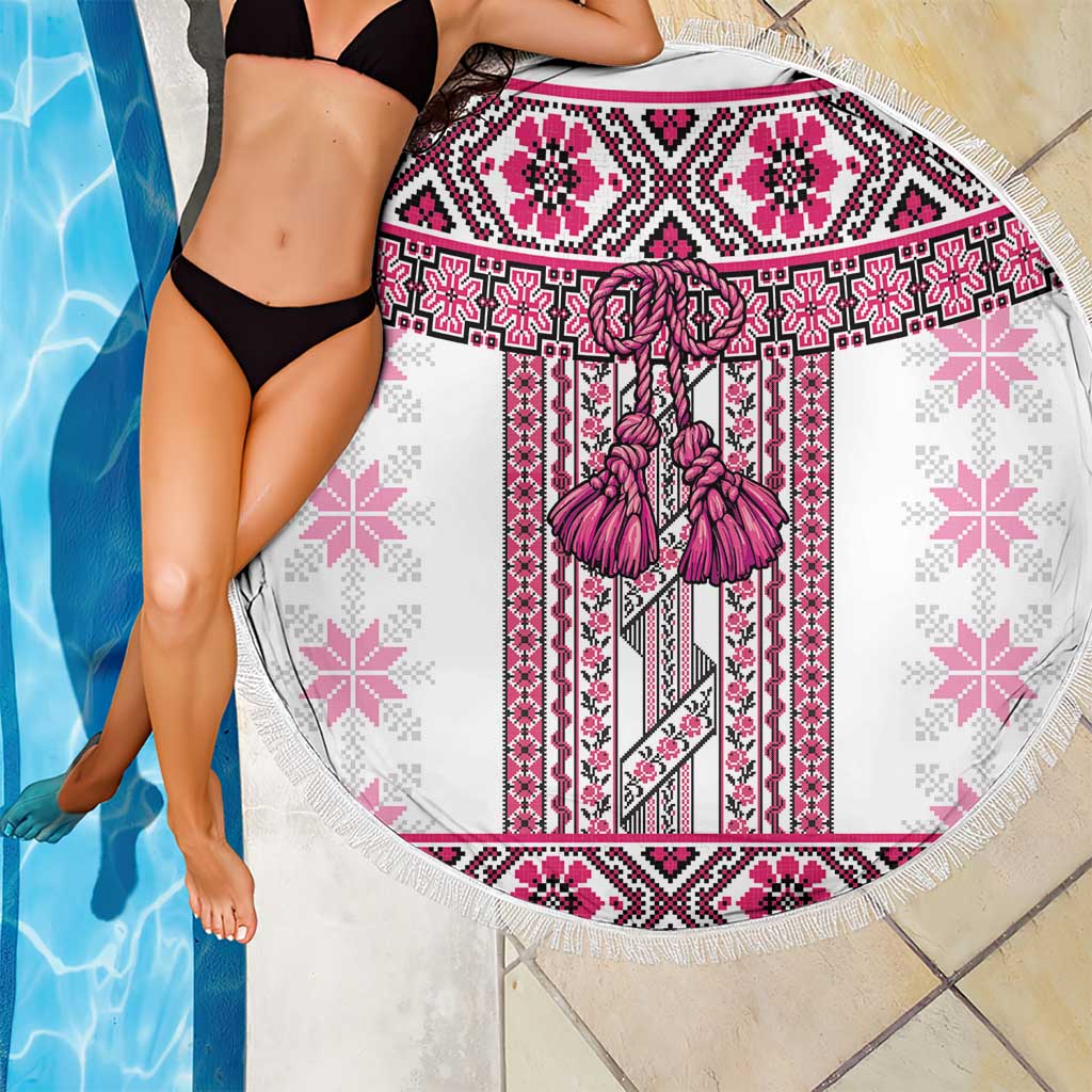 Ukraine Beach Blanket Traditional Braided Rope Belt Pink Folk Pattern